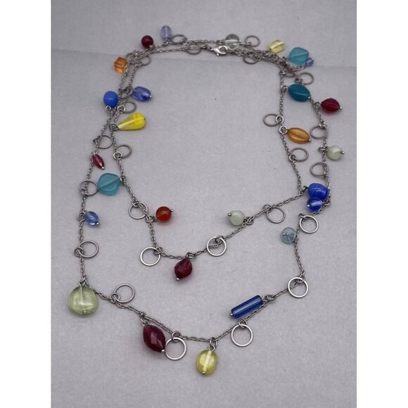 Lia Sophia Multicolor Beaded Necklace Silver Tone One Long Stand 50 to 53 Inch - Picture 2 of 6